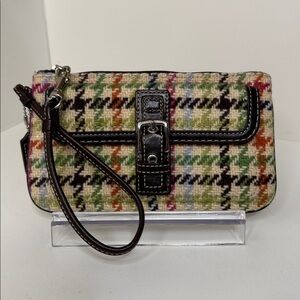 Coach Hampton Tattersall Wool Tweed Wristlet with Brown Leather Trim
